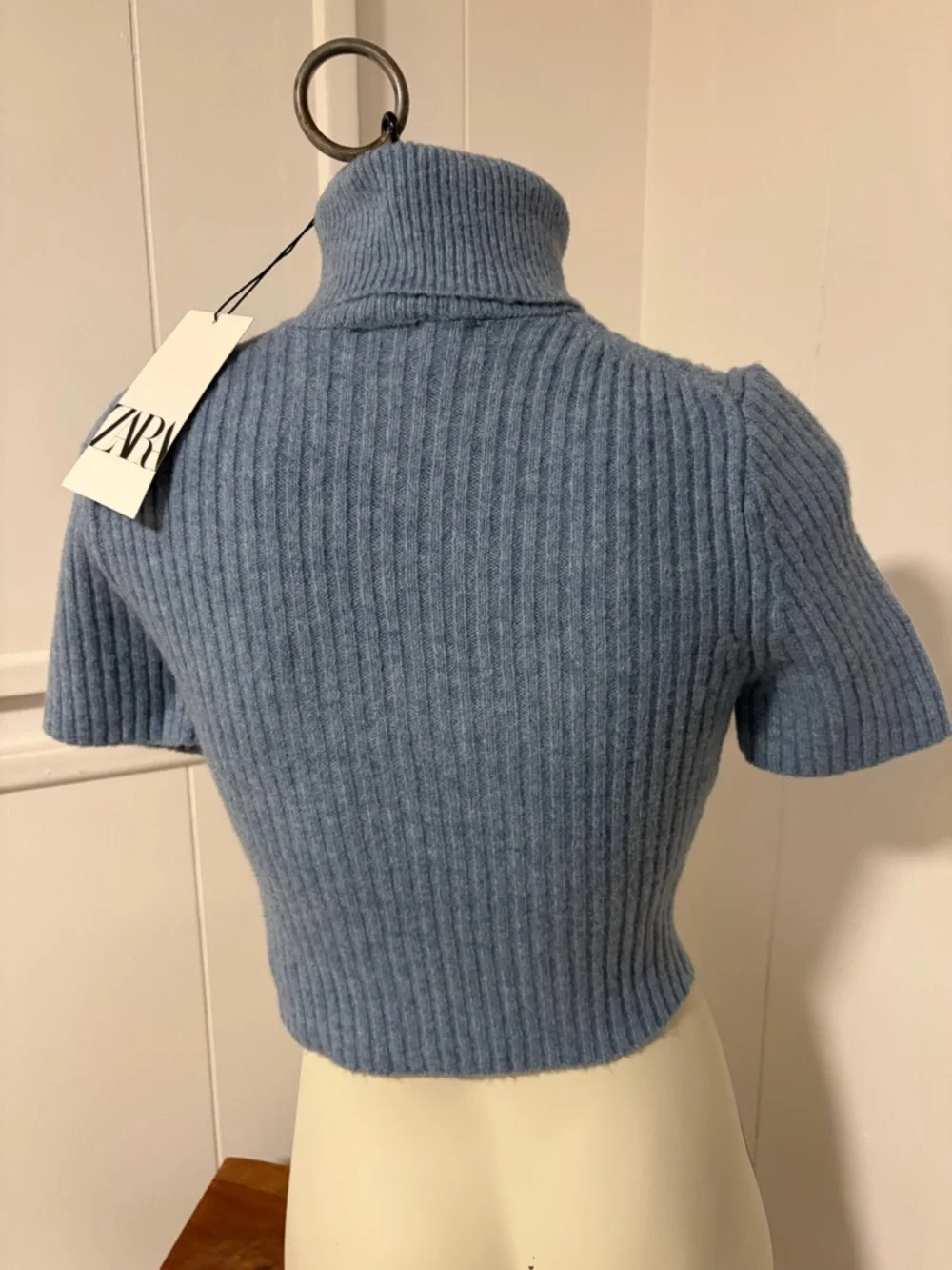 Zara Turtleneck Ribbed Short-Sleeve Sweater - Light Blue - Picture 3 of 5